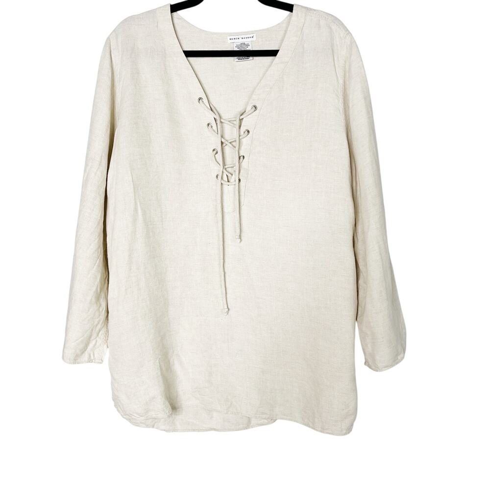 Beach Beyond Flax Lace Up Cover Up Dress Small S Cream Long Sleeve Oversized